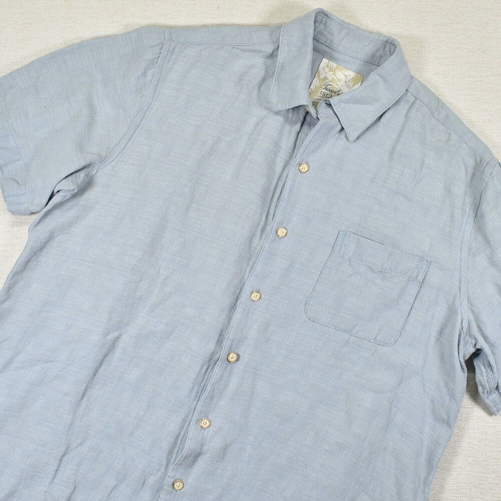 Tasso Elba Island Button Up Shirt Mens M Blue Silk Linen Tropical Casual Pocket